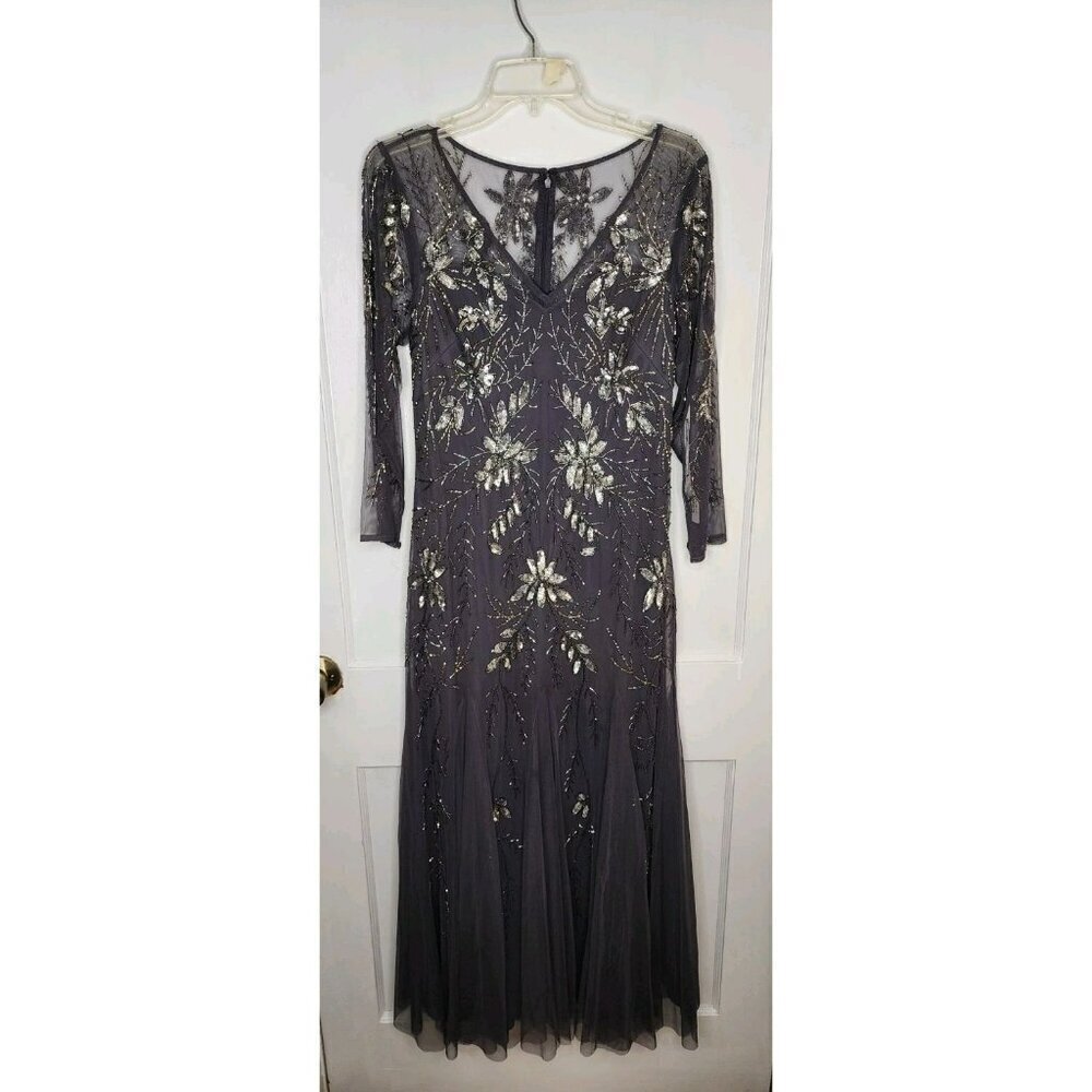 Oleg Cassini 3/4 Sleeve Beaded Gown Godets Sequins Charcoal 10 Mother Of Bride